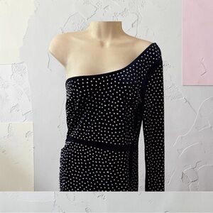 NWT Navy One-Shoulder Velvet Rhinestone-Studded
Dress